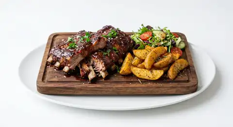 COASTE DE PORC CU SOS BBQ SI CARTOFI CONDIMENTATI